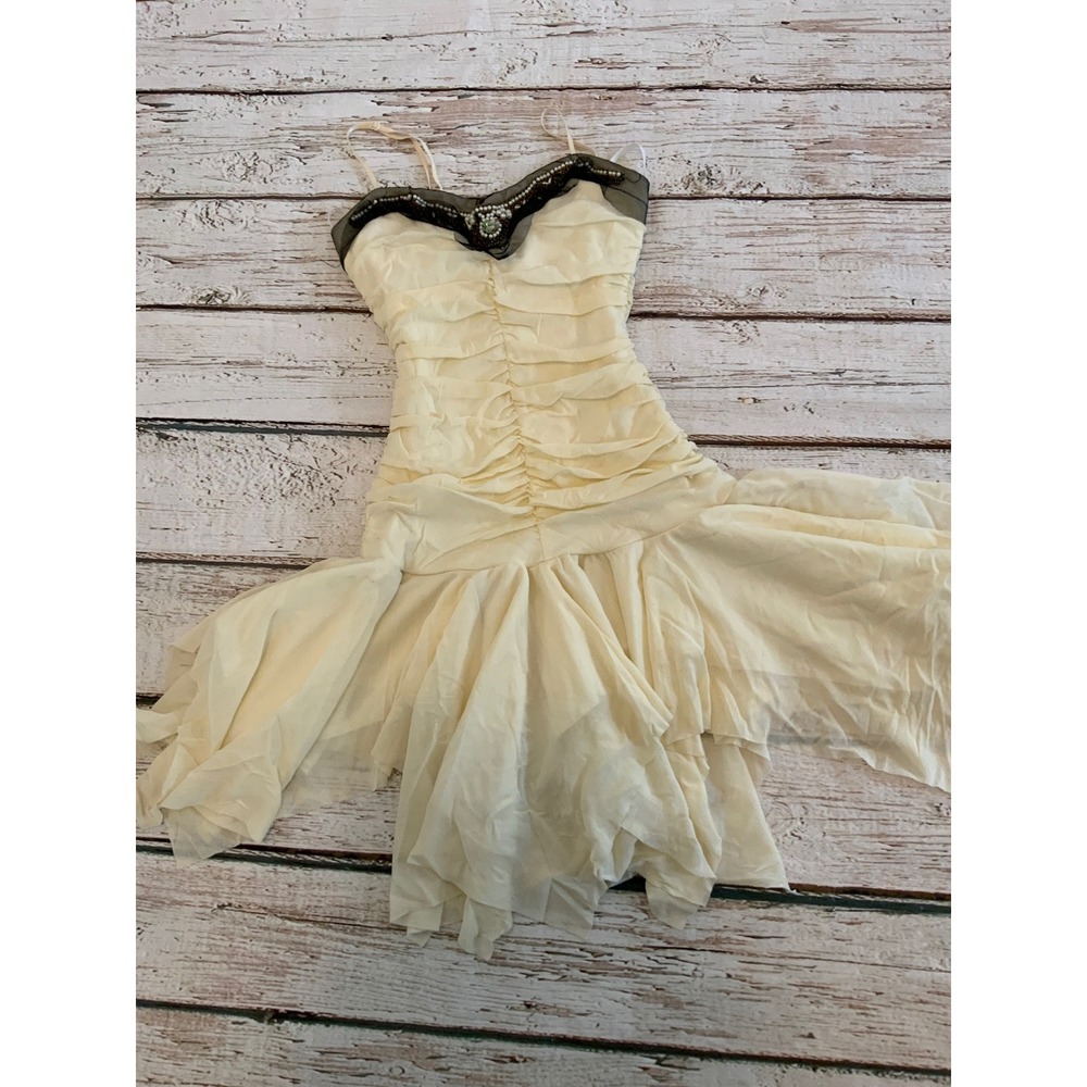Un Deux Trois Cream Beaded Ruched Handkerchief Hem Party Dress Size 12